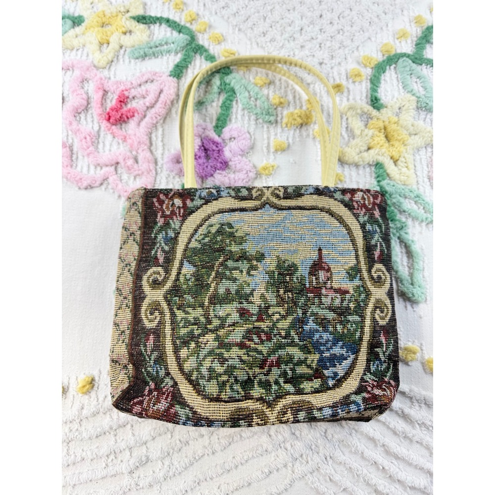 Vintage Scenic Tapestry Tote Bag Landscape Cottage Woven Hemp Blend Handbag